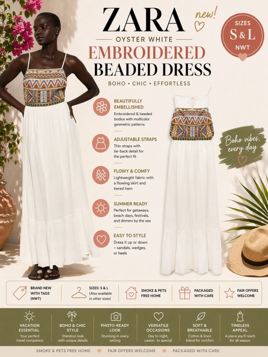 Zara Dresses & Skirts - ZARA Oyster White Embroidered Beaded Maxi Dress NWT Sizes S L Boho Resort